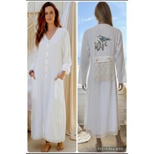 FLAX Designer Artisan Bird Crochet 100% Linen Button Down Maxi Dress Lagenlook S